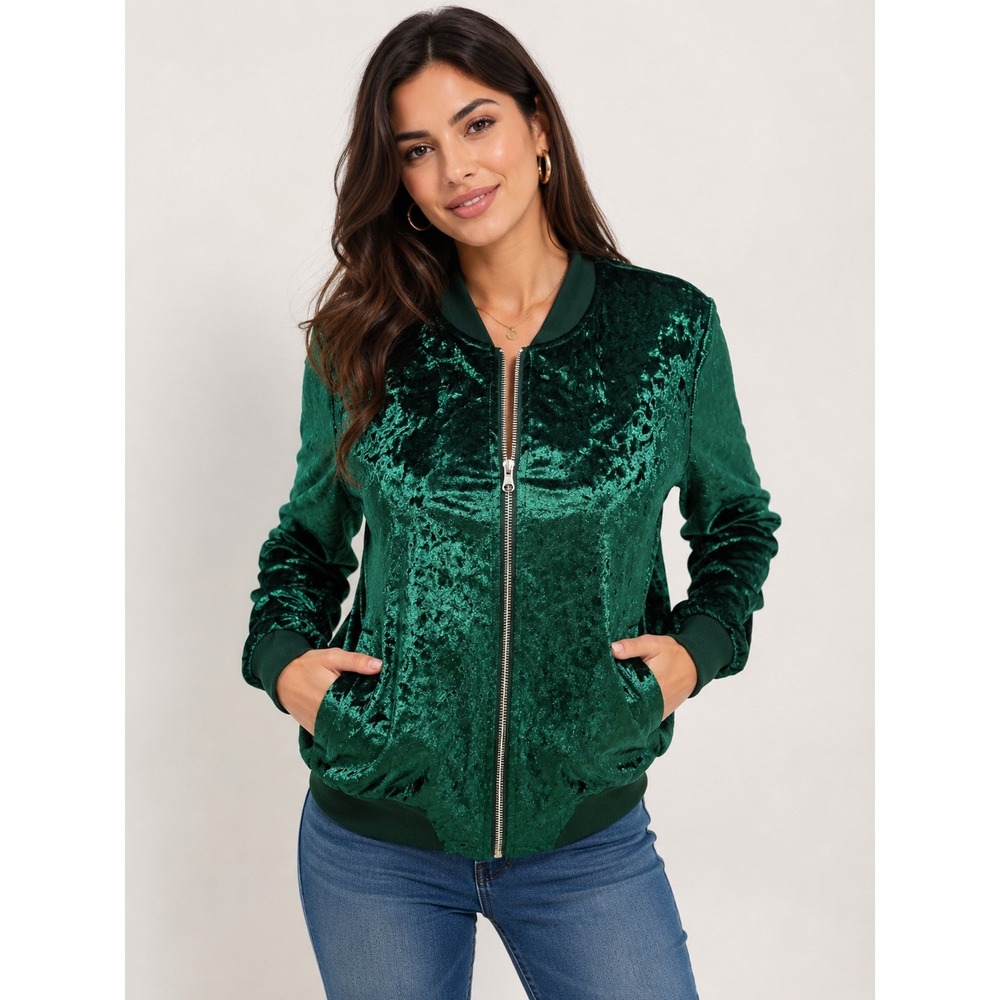 Ci Sono Original Emerald Green Crushed Velvet Bomber Jacket Women M